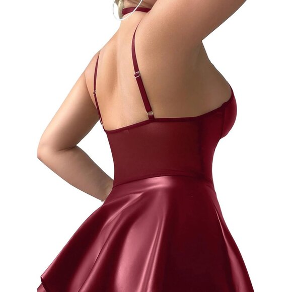 Women Wine Red Strappy Leather Underwire Choker Garter Belt Lingerie Set Dress - Picture 2 of 6